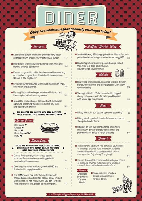 While beer and ale were still served, some of the popular mixed drinks of the time included the tom collins, martinis, daiquiris, mint juleps, highballs, side cars, whisky sours, champagne cocktails and most important of all, the punch. Wagga Bowl & Diner Menu on Behance … | Diner menu, Diner ...