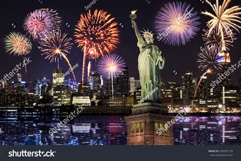 Manhattan Skyline Statue Liberty Fireworks Night Stock Photo 240592129