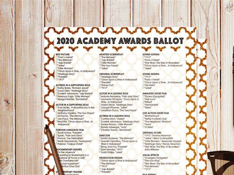 2020 Oscar Ballot Academy Awards Party Game Printable Etsy