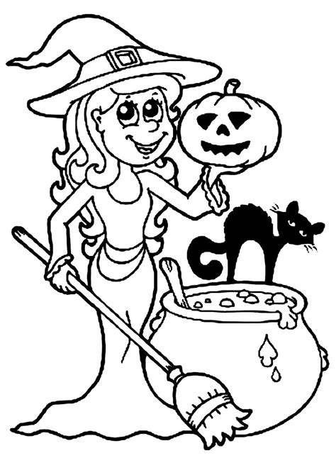 Witch And Her Cat Halloween Kids Coloring Pages