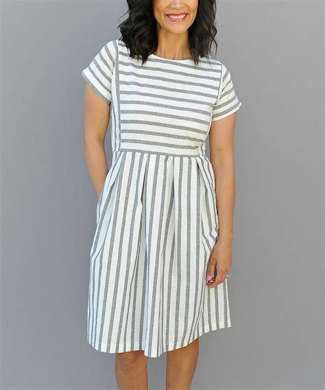 Take A Look At This Gray And White Stripe Pleated Scoop Neck Dress Today Striped Skirt Outfit