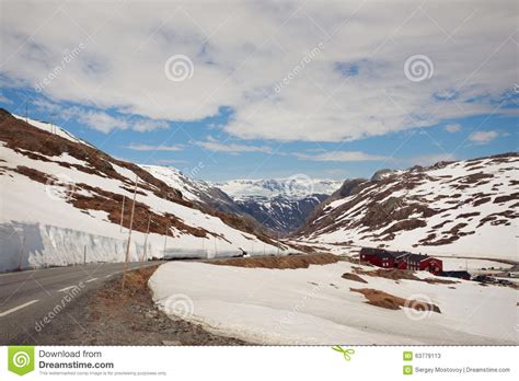 Snowy Mountain Road And The Red Houses Stock Image Image Of Nature