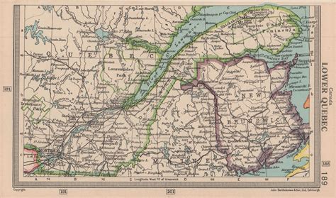 Canada Lower Quebec And New Brunswick Bartholomew 1949 Old Vintage Map Chart