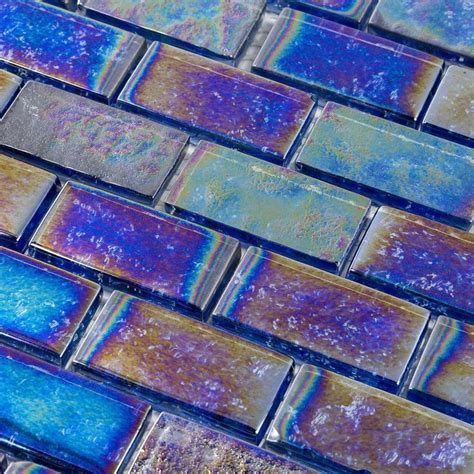 Laguna Iridescent Indigo 1x2 Brick Polished Glass Tile Mosaic Wall Tiles Mosaic Wall Glass