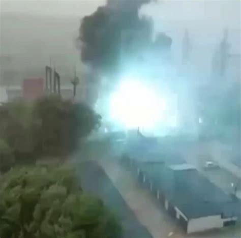 Moment Electrical Substation Explodes In Flames After Being Hit By
