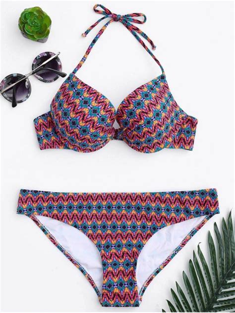 Ad Underwire Molded Cup Push Up Bikini Set Multicolor Wavy Stripes