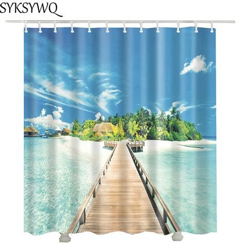 Wood Bridge Blue Ocean Shower Curtain Hot Sale T Private Decoration