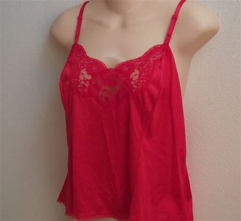vintage slip cami camisole red lace and nylon 38 by divasvintage