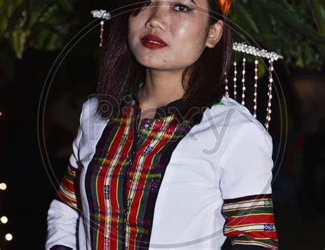 Image Of Assamese Woman In Traditional Assam Tribal Clothes During Bihu