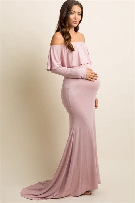 PinkBlush Ivory Off Shoulder Ruffle Maternity Photoshoot Gown Dress