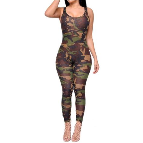 Summer Sleeveless Sexy Bodycon Wear Army Camouflage Printed Skinny Rompers Womens Jumpsuit