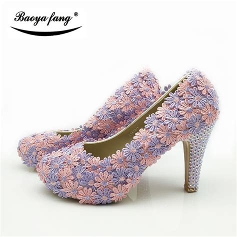 New Arrival Womens Wedding Shoes Bride Pinklilac Flower Shoes Woman