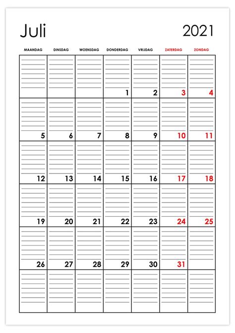 Lege Kalender Juli 2021