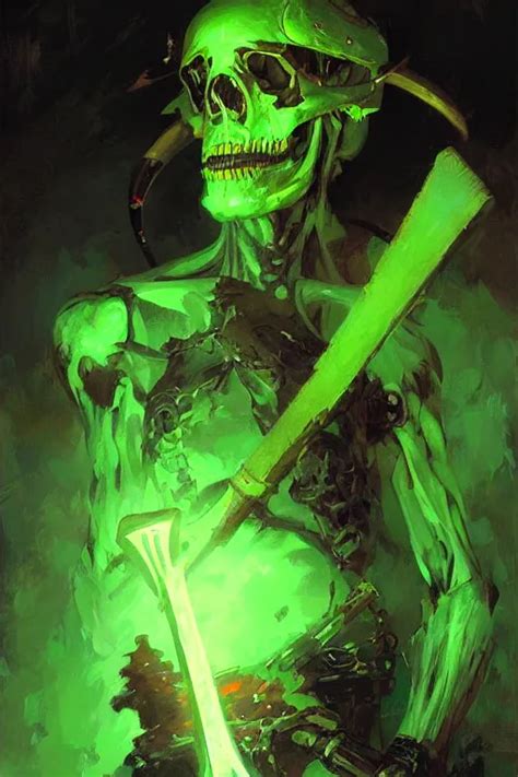 Neon Green Skeleton With A Large Axe Portrait Dnd Stable Diffusion