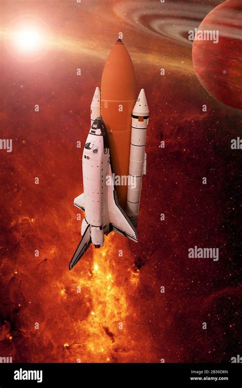 Rocket In The Starry Outer Space With Saturn Planet The Elements Of