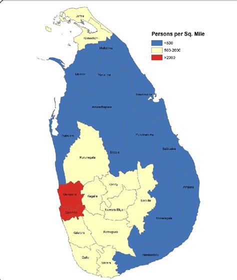 Map Of Sri Lanka Showing The Population Densities In Each District In
