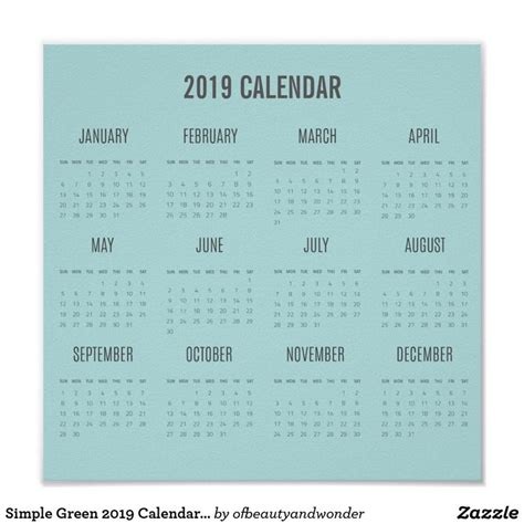 Simple Green 2019 Calendar Poster Zazzle Calendar Poster 2019