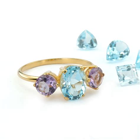 Natural Blue Topaz And Amethyst 14k Solid Yellow Gold Ring Etsy