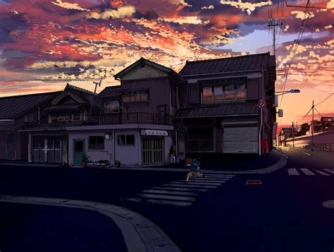 Running Boy On Pedestrian Lane Anime Illustration Building Digital
