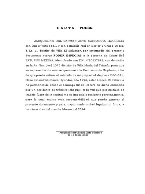 Carta Poder Para Retirar Vehículo Pdf