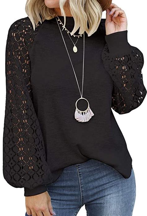Miholl Womens Long Sleeve Tops Lace Casual Loose Blouses T Shirts