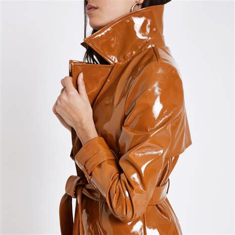 Brown Vinyl Tie Waist Trench Coat Rain Jacket Women Raincoats For