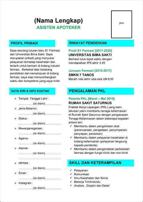 Contoh Curriculum Vitae Cv Asisten Apoteker Fresh Graduate Tanpakoma