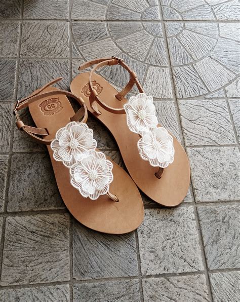 wedding sandals greek leather sandals bridal party sandals decorated sandals white flowers