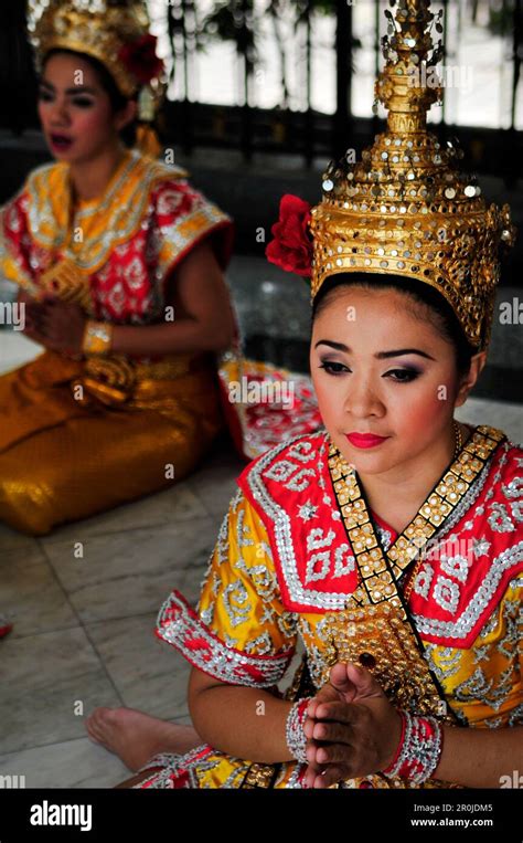 Thai Dancers Preform At The Erawan Shrine In Central Bangkok Thailand