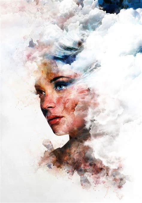 An Image Of A Woman With A Double Exposure Effect Of Clouds And Ink