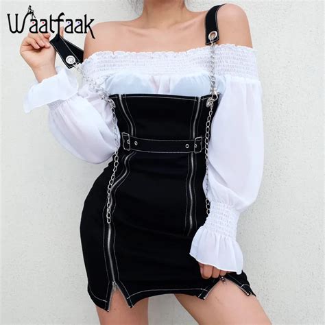 waatfaak sexy sleeveless streetwear dress women autumn dress zipper front chain straps adjusted