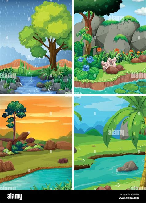 Four Forest Scenes With Rivers Illustration Stock Vector Image And Art