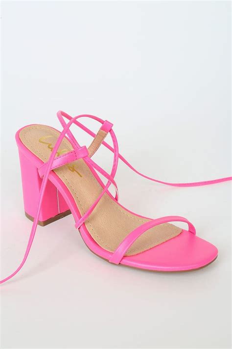 Aribaa Neon Pink Lace Up High Heel Sandals In 2022 Lace Up High Heels Sandals Heels Beige