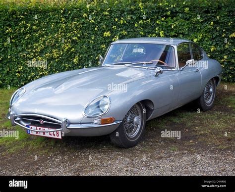 Silver Jaguar E Type 22 Coupe Sportscar With Wire Wheels Stock Photo