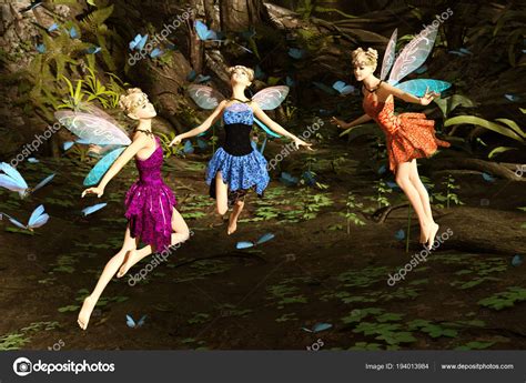 3d Rendering Of A Fairies Flying In Magical Forest Surrounded By Flock