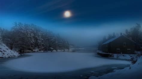 Full Moon Over Snow Covered Lake Image Abyss