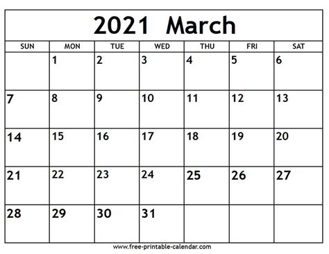 2021 printable calendars, yearly, half year or monthly templates, free to download and print, in image, pdf or excel format. March 2021 Calendar - Free-printable-calendar.com