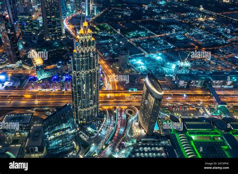 Aerial View Of Dubai At Night Seen From Burj Khalifa Tower United Arab