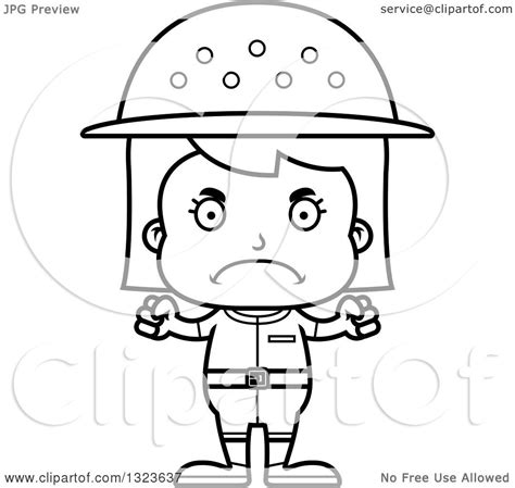 Outline Clipart Of A Cartoon Black And White Mad Girl Zookeeper