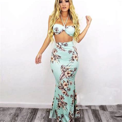 Buy Two Piece Set Women Crop Top Long Skirt Outfits Sexy Halter Lace Up Bra