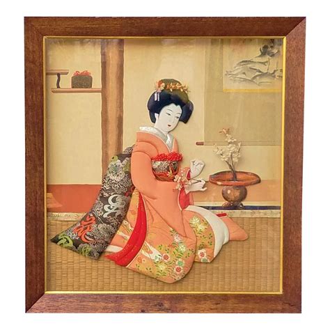 Vintage Japanese Shadow Box Diorama Art Girl In Kimono 3d Fabric Art