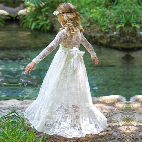 White Lace Floral Dress 2017 Long Sleeve Party Princess Dresses Kids