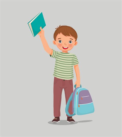 Happy Little Boy Student Holding Backpack And Book Feeling Excited To