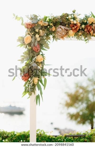 Corner Wedding Arch Decorated Roses Protea Stock Photo 2098841560