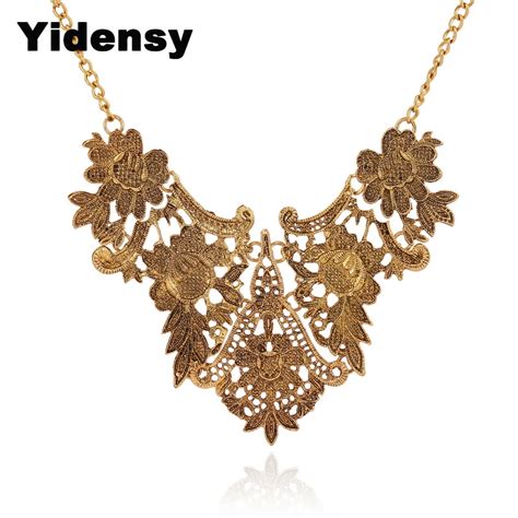 Yidensy Fashion Metal Lace Pendant Bib Necklaces Antique Gold Silver