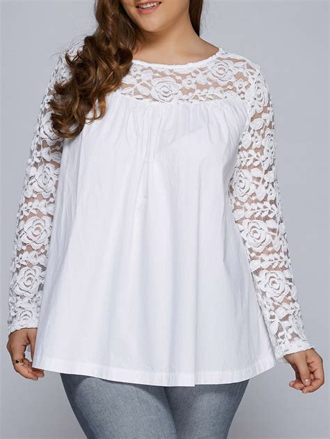 [17 Off] 2021 Plus Size Lace Splicing Long Sleeve Blouse In White Dresslily