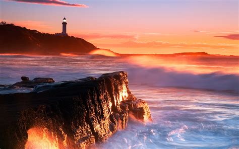 Lighthouse Sea Waves Rocks Cliffs Sunset Wallpaper 1920x1200