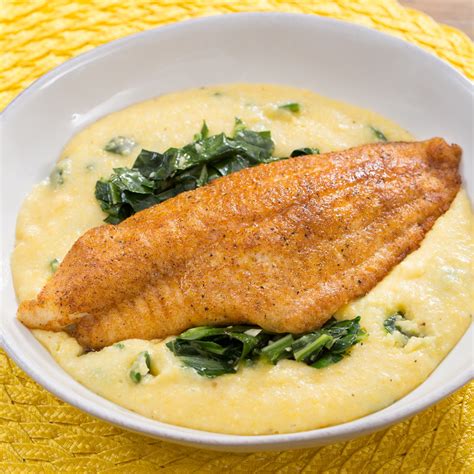 Recipe Spiced Catfish And Poblano Cheddar Grits With Stewed Collard