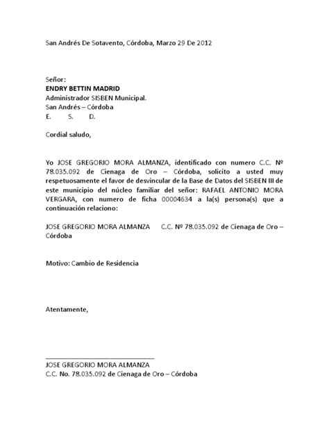 Carta De Solicitud De Retiro Del Sisben Assistente Administrativo