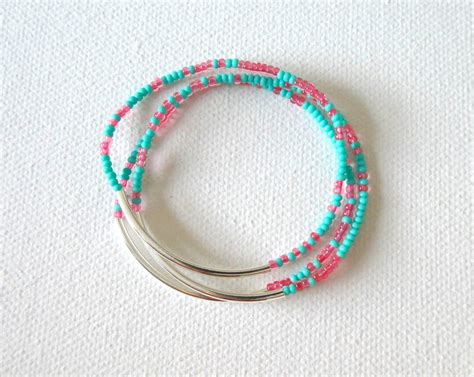 Turquoise And Coral Bracelets Aqua Bracelets Stretchy Etsy